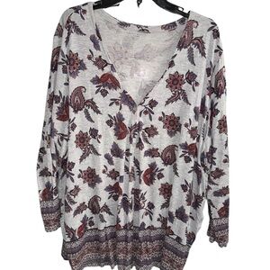 Laura Scott Gray and Burgundy Floral Long Sleeve Button Up Top Size 3X